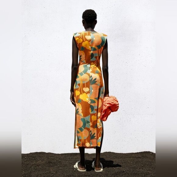 Zara Colorful Retro Floral Maxi Dress, Multicolored Knit Side‎ Cutout Small Size - Picture 2 of 12